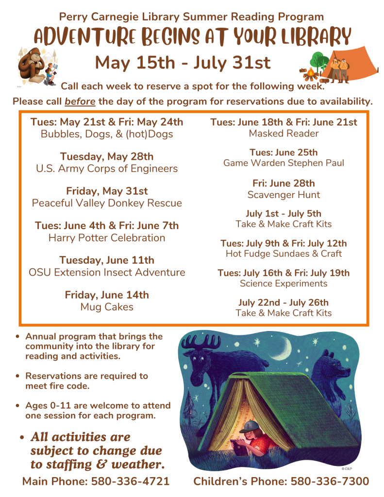 Dates and times for Summer Reading Activities